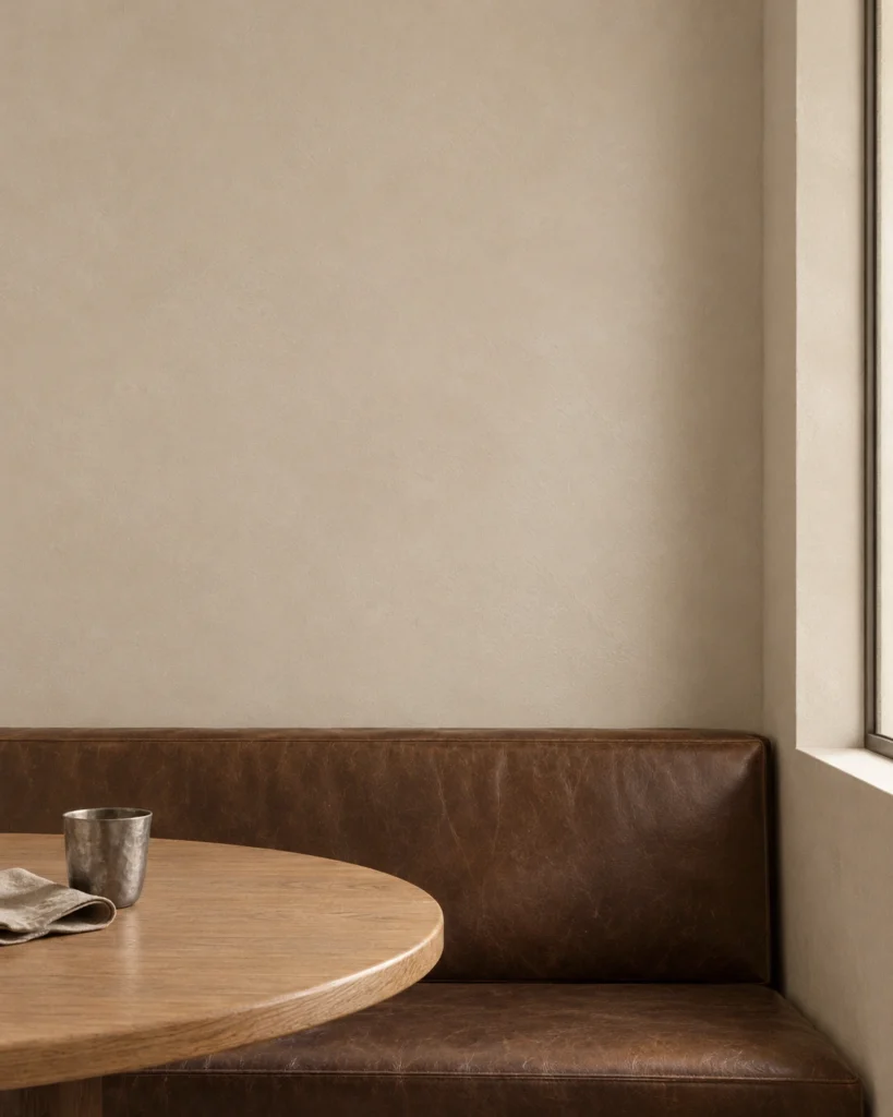 Illustrative Chalk 01 interior with a leather dining banquette, oak table and softly lit wall.
