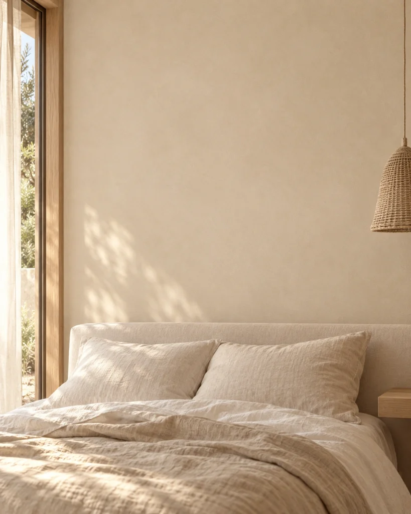 Illustrative Chalk 02 interior with a linen bed, woven pendant and softly lit wall.