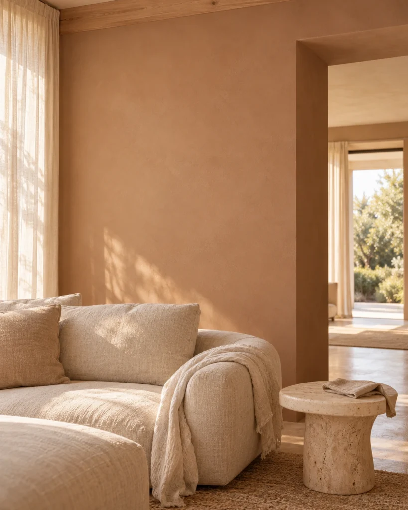 Illustrative Earth 01 interior with relaxed linen seating, a travertine side table and warm clay-wash wall.