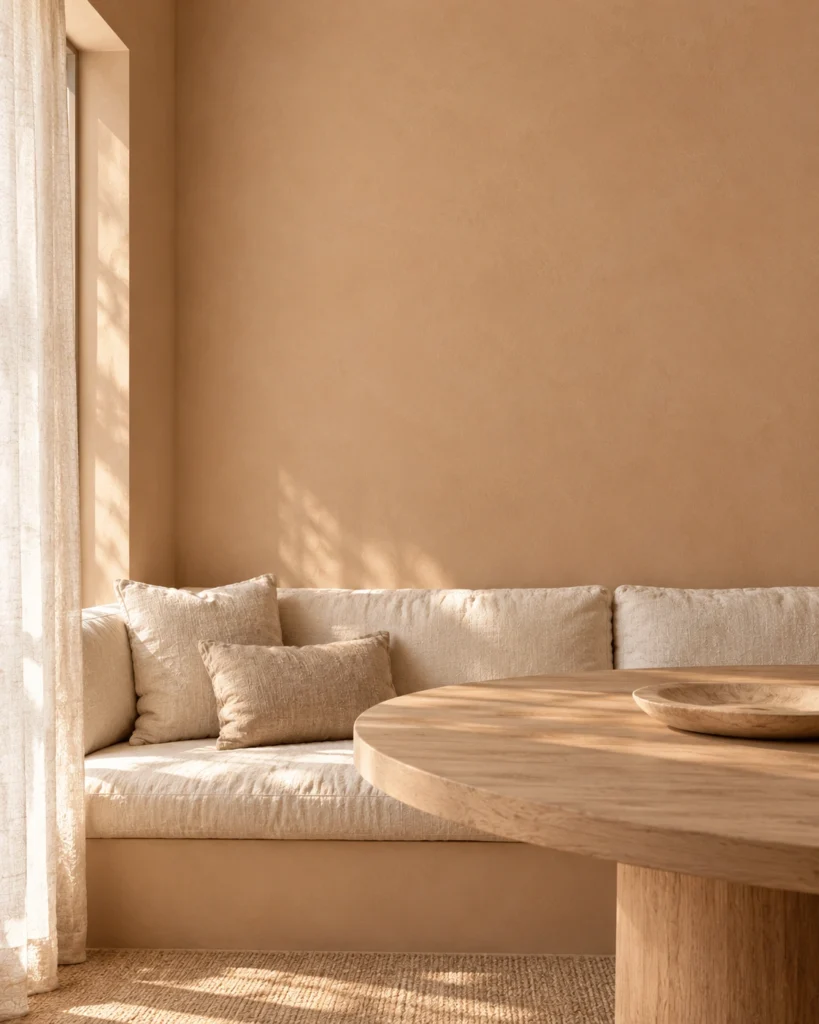 Illustrative Earth 02 interior with a linen dining banquette, pale oak table and warm clay-wash wall.