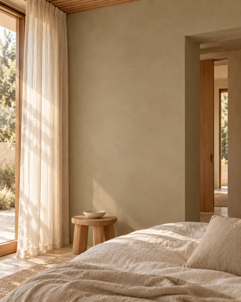 Illustrative Moss 01 interior with a linen bed, oak bedside stool and softly lit clay-wash wall.
