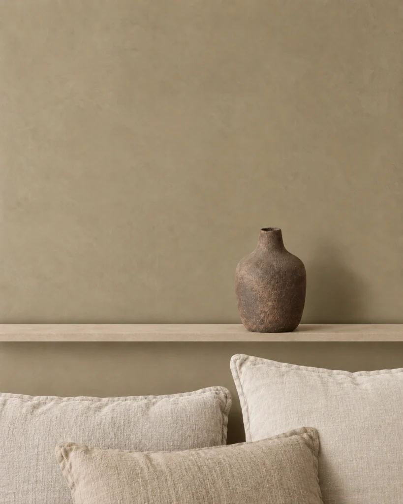 Illustrative Moss 02 clay-wash wall with a pale floating shelf, earthenware vessel and light linen cushions.