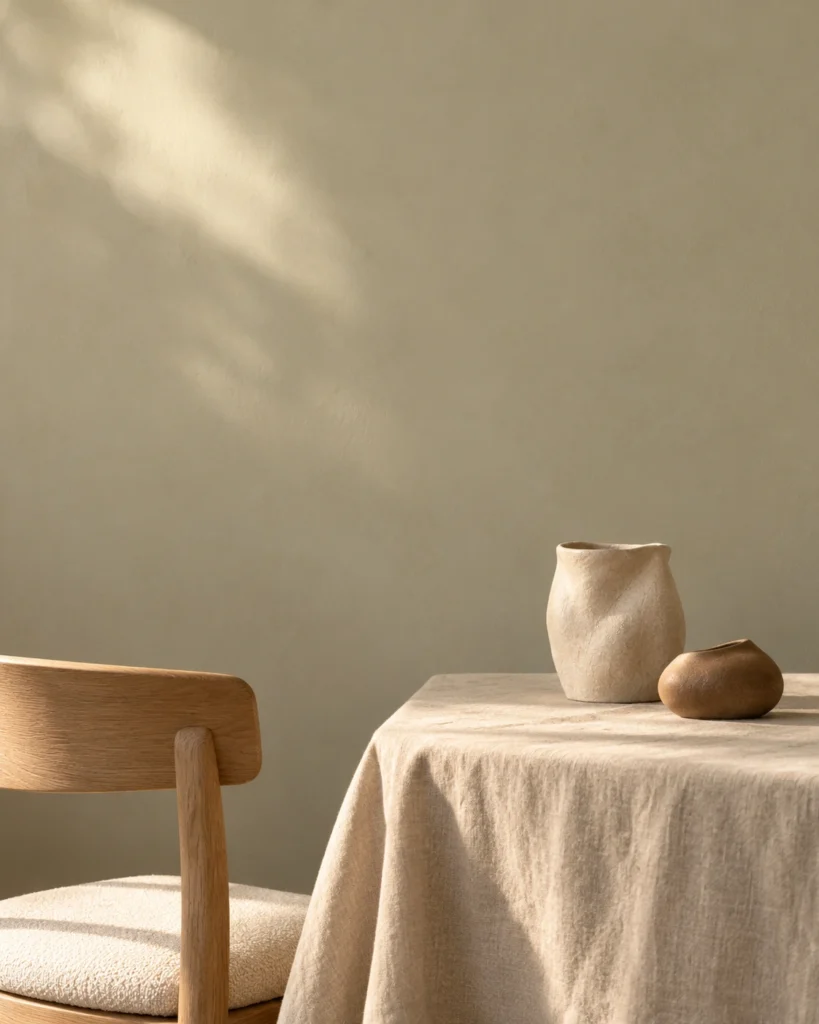 Illustrative Moss 03 interior with a linen-covered table, oak chair and sculptural ceramics against a clay-wash wall.