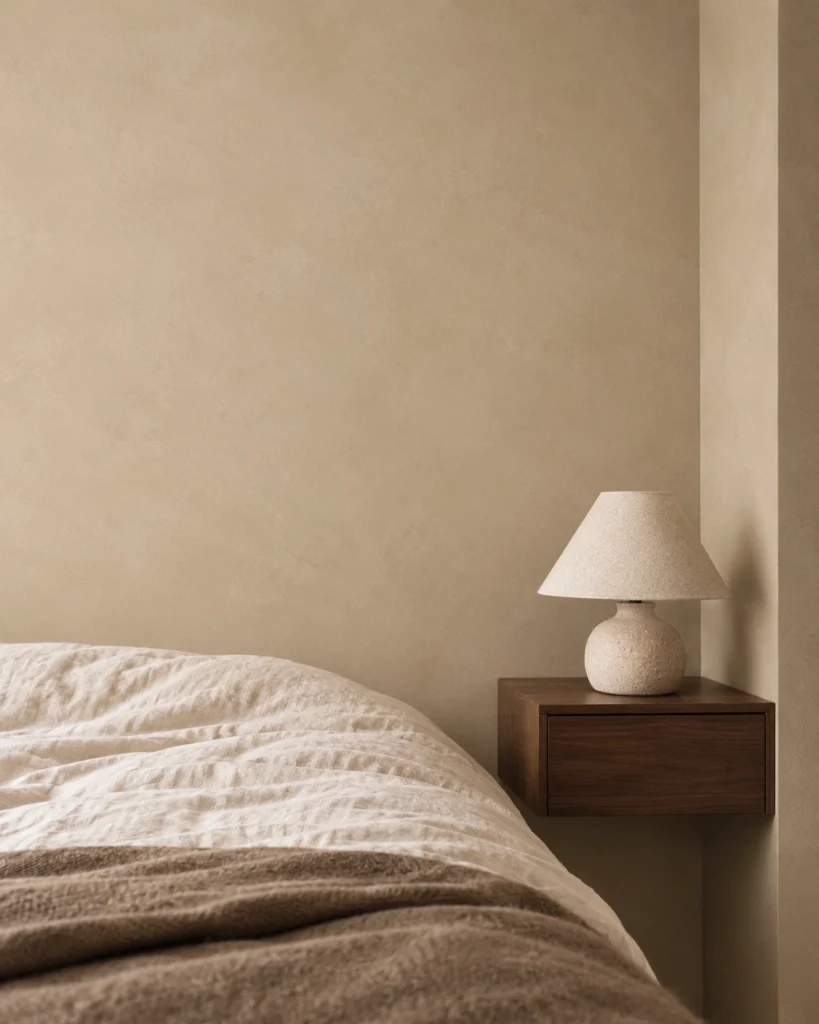Illustrative Root 01 interior with a linen bed, walnut bedside drawer and ceramic lamp.