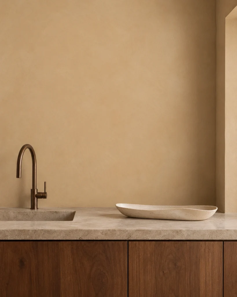 Illustrative Root 02 interior with a limestone kitchen counter, walnut cabinets and bronze faucet.