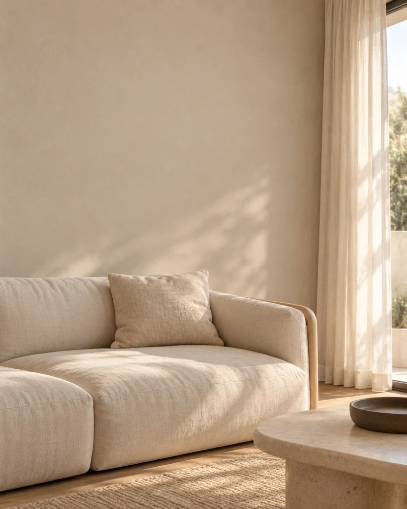 Illustrative Stone 01 interior with a linen sofa, limestone table and softly lit wall.