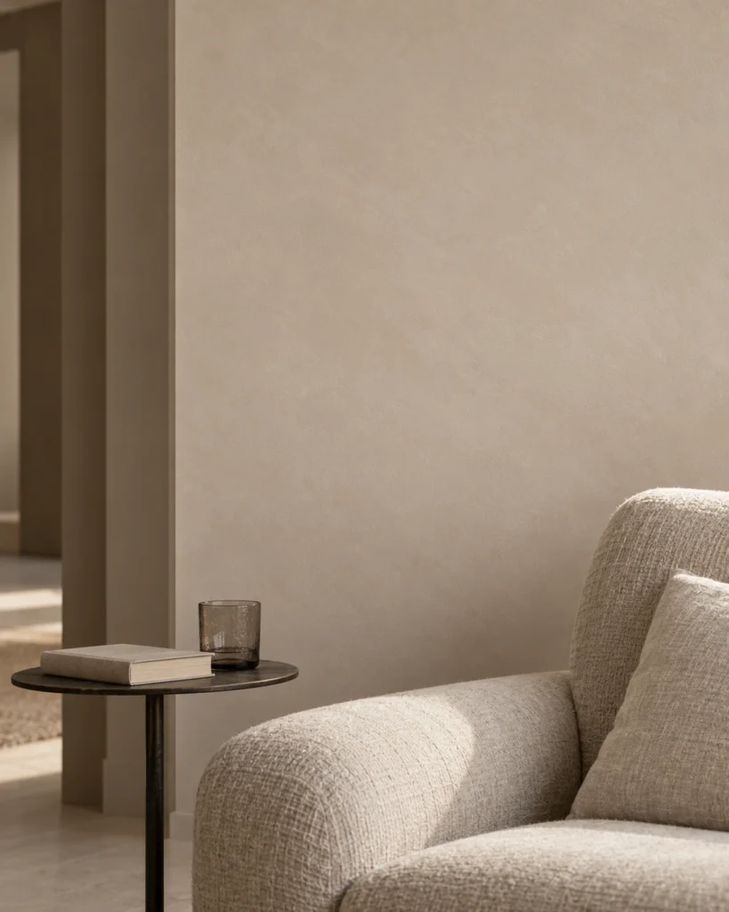 Illustrative Stone 02 interior with a pale upholstered reading chair, side table and softly lit wall.