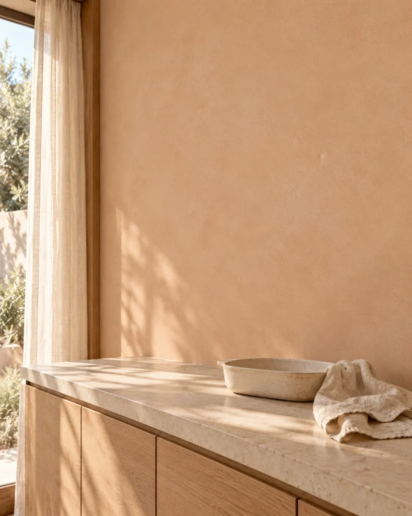 Illustrative Terra 01 interior with an oak kitchen cabinet, limestone counter and peach clay-wash wall.